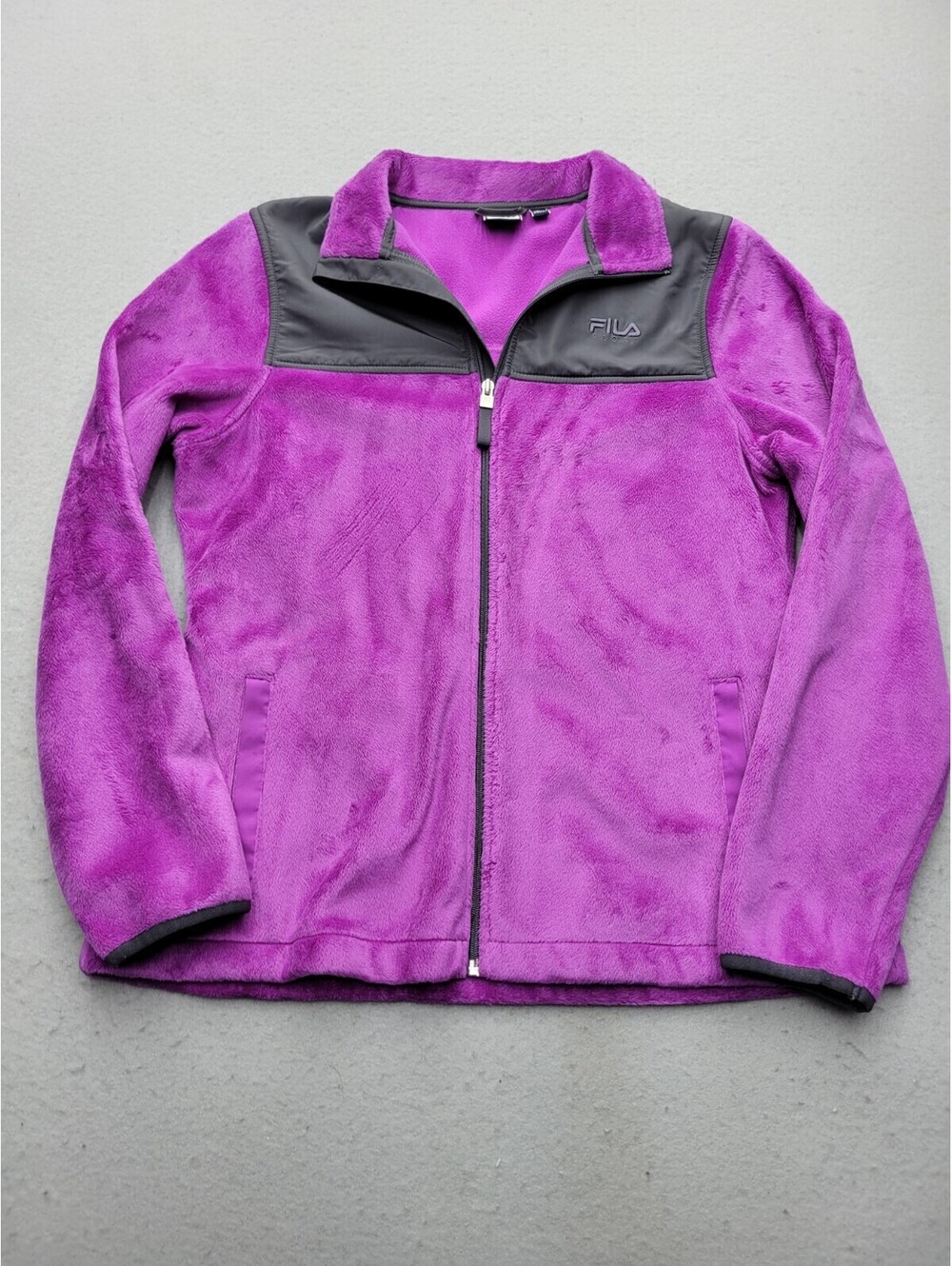 Fila Women's Jacket Medium Purple Sweater Color Block Fleece Zip Logo Casual